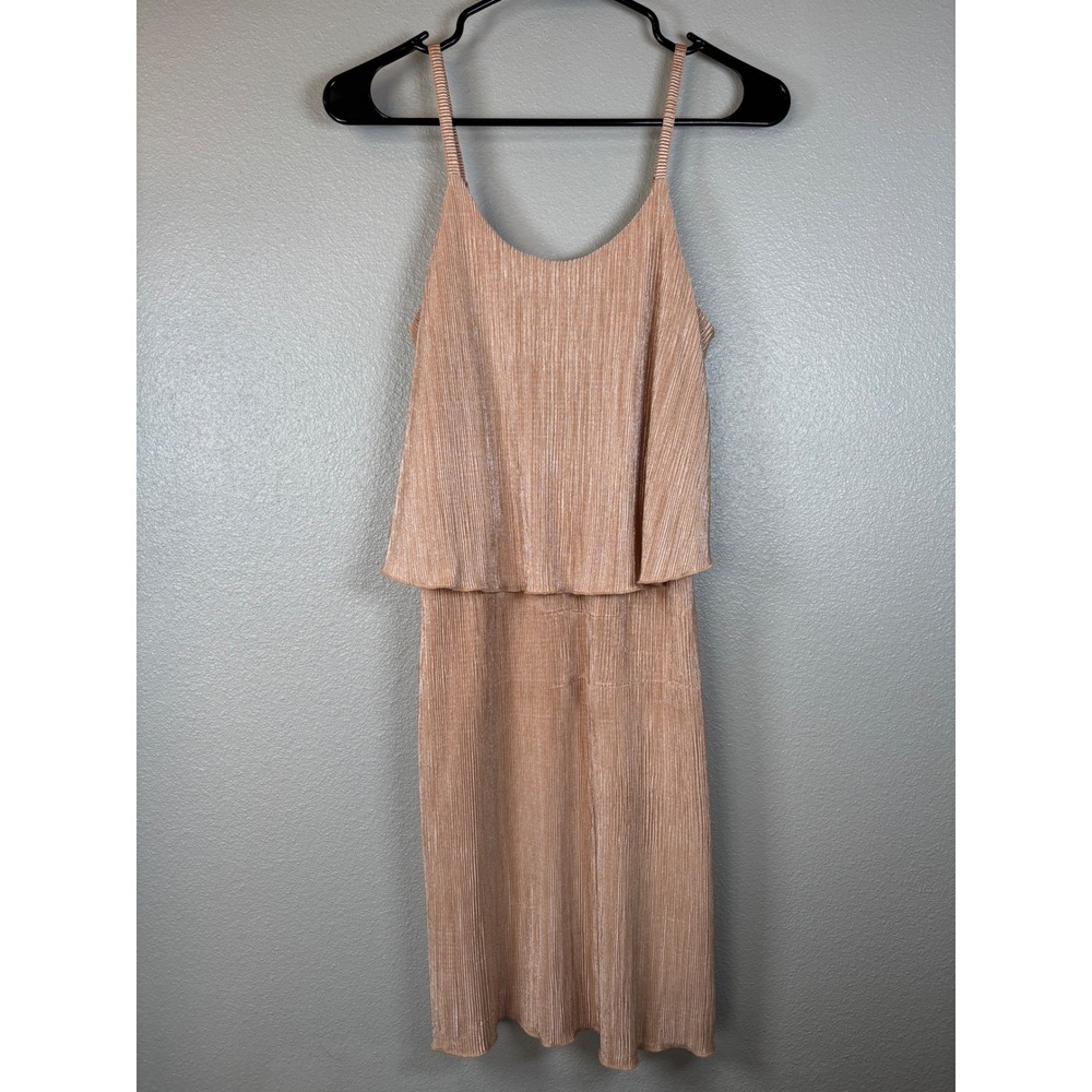 No Comment NYC Pleated Metallic Slip Dress Rose Gold Midi Spaghetti Strap M‎